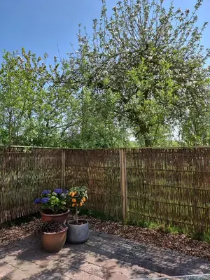 a fence with two potted plants on a patio at Calm and idyllic surroundings in Northen Jutland in Nibe