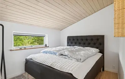 a bedroom with a bed with a black headboard and a window at Pet Friendly Home In Saltum With Wifi in Saltum