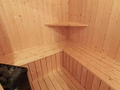 an empty sauna with wooden walls and shelves at Holiday Home Ilkka - 400m from the sea by Interhome in Torsted
