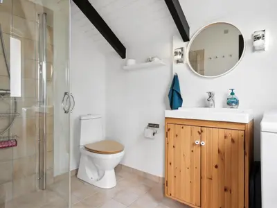 a bathroom with a toilet and a sink and a mirror at Holiday Home Myrte - 900m from the sea by Interhome in Torsted