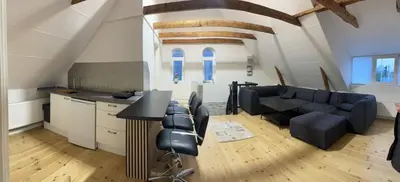 a kitchen and living room with a couch and a table at Apartment Vanilla - 2 rooms and one bathroom in Struer