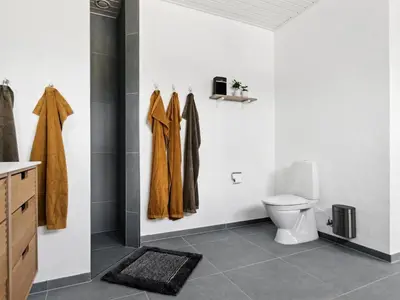 a bathroom with a toilet and towels on the wall at Holiday Home Yakari - 1km from the sea by Interhome in Torsted