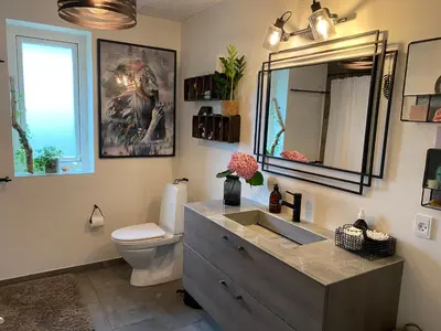 a bathroom with a sink and a toilet and a mirror at Hyggeligt hus. in Holstebro