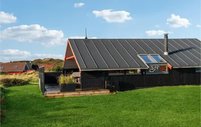 a house with a black roof on a green lawn at Nice Home In Harboøre With Wifi in Harboør