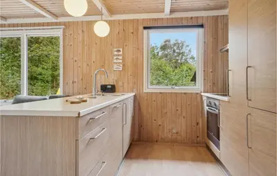 a kitchen with wooden walls and a sink and a window at Nice Home In Thyholm With Wifi in Thyholm