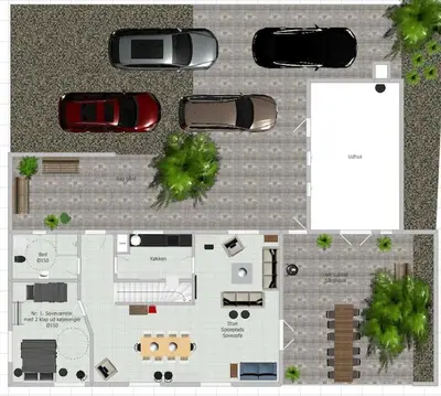 a floor plan of a parking lot with cars at Centralt by hus Blokhus-Hune til 10 pers privat Gårdhave in Blokhus