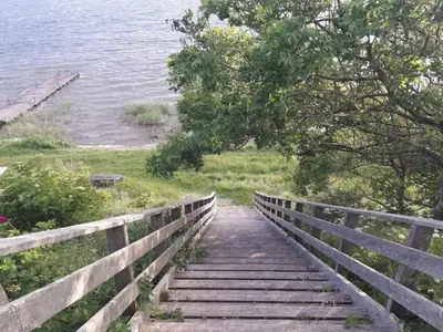 a wooden staircase leading down to the water at 4 star holiday home in Thisted-By Traum in Thisted