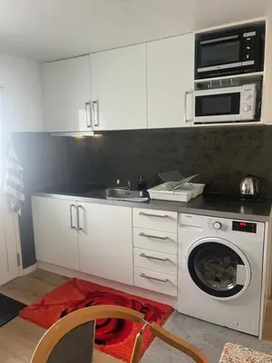 a kitchen with a sink and a washing machine at Nice small house 5 minutes to the sea in Ranum