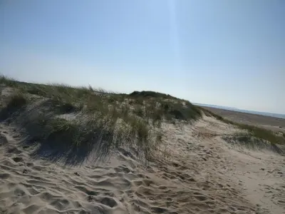 a sand hill with grass on it next to a beach at 5 person holiday home in Brovst-By Traum in Brovst