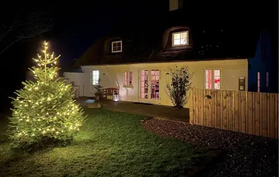 a christmas tree in front of a house at night at 4 Bedroom Cozy Home In Vestervig in Vestervig