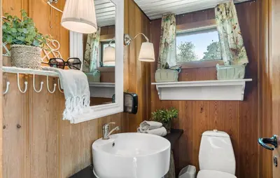 a bathroom with a sink and a toilet and a mirror at Røgegård Hjortehytten in Fjerritslev