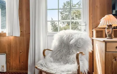 a white dog sitting in a chair in front of a window at Røgegård Hjortehytten in Fjerritslev
