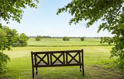 a bench sitting in the middle of a field at Lejl 1 in Brovst