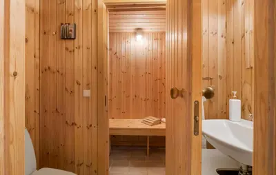 a wooden bathroom with a sink and a toilet at Stunning Home In Brovst With Sauna in Brovst