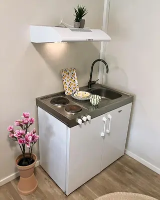 a small kitchen with a sink in a room at Skovly in Viborg