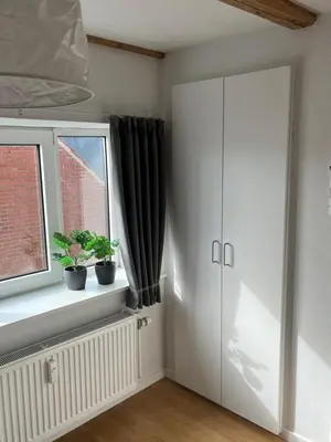 a room with a window with two potted plants at Thisted Centrum in Thisted