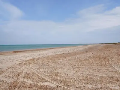 an empty beach with tire tracks in the sand at Holiday Home Elenor - 1-1km from the sea by Interhome in Fjerritslev