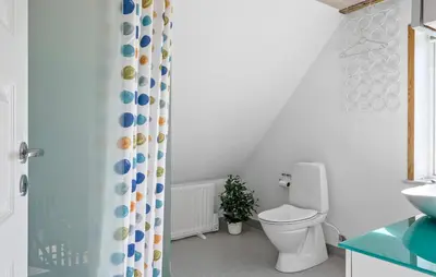a bathroom with a toilet and a shower curtain at 4 Bedroom Nice Home In Harboøre in Harboør