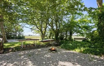 a backyard with a fire pit and a tree at Stunning Home In Ranum With Wifi in Ranum