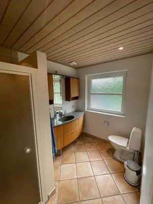 a bathroom with a toilet and a sink at Rødkælkevej's B&B in Hurup