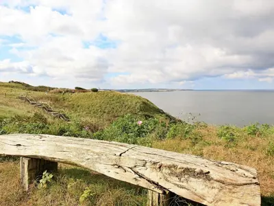 a wooden bench on a hill next to a body of water at 7 person holiday home in Struer-By Traum in Remmer Strand