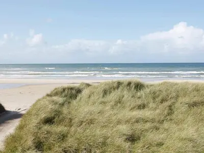 a sandy beach with some grass and the ocean at Panoramic Sea View Retreat - By Traum Ferienwohnungen in Blokhus