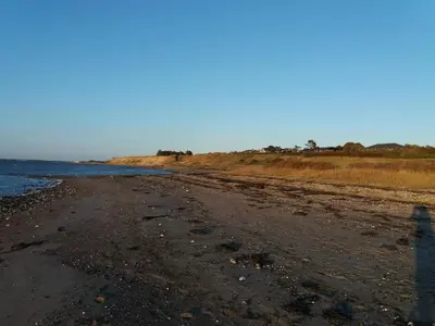 an empty beach with a fence and the ocean at 4 person holiday home in Vinderup-By Traum in Vinderup