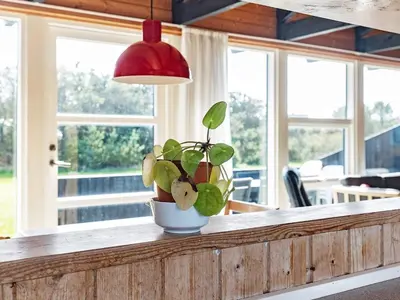 a potted plant sitting on a counter in a room with windows at 8 person holiday home in Vestervig in Vestervig