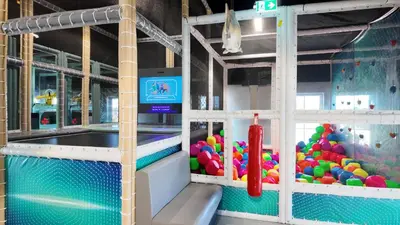 a poolarium with a bunch of balls in it at Stort sommerhus - Legeland for store og små in Pandrup