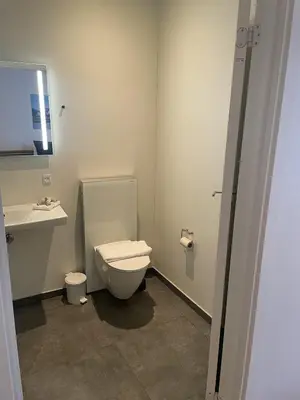 a bathroom with a toilet and a sink at Hotel Tante in Lemvig