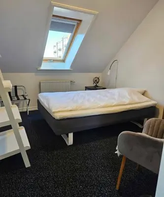 a bedroom with a bed with a window and a ladder at B&B Phønix in Holstebro