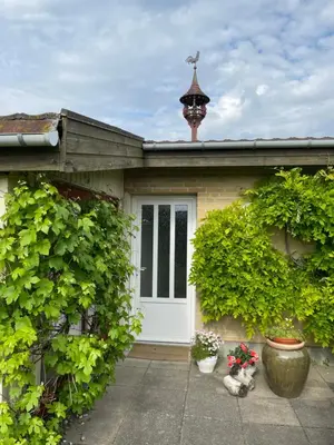 a house with a white door and some plants at Naturlig Ro in Aalborg