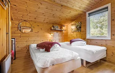 a bedroom with two beds in a wooden cabin at 2 Bedroom Nice Home In Løgstør in Løgstør
