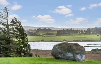 a large rock in the grass next to a lake at Cozy Home In Hanstholm With Wifi in Hanstholm