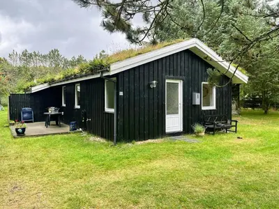 a black tiny house with a grass yard at Familievenligt Hus Nær Tranum Klitplantage in Pandrup