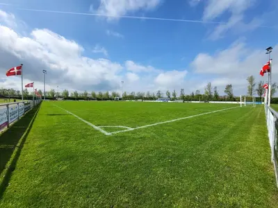 a soccer field with green grass and flags on it at Jetsmark Idrætscenter in Pandrup
