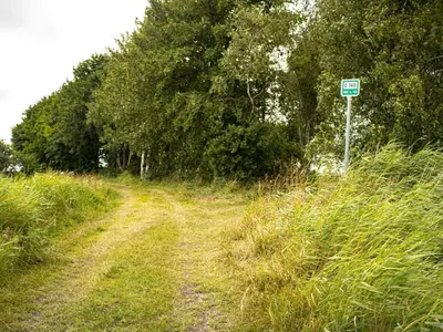 a dirt road with a speed limit sign on it at 6 person holiday home in Nibe in Nibe