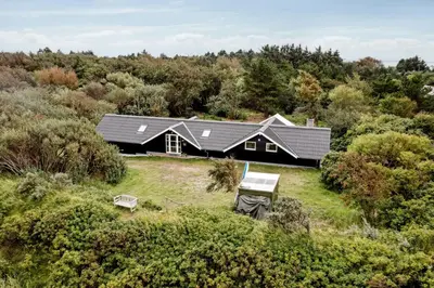 an aerial view of a black house in the forest at Home By Limfjord Where Sea And Sky Meet in Hurup
