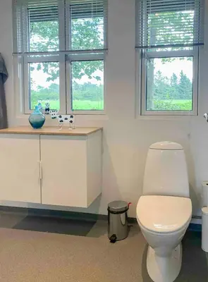 a bathroom with a white toilet and two windows at Relax In The Countryside With Pool in Avlum