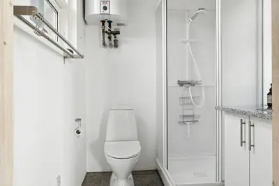 a white bathroom with a toilet and a shower at Cozy Home By Limfjord With Bathing Jetty in Snedsted