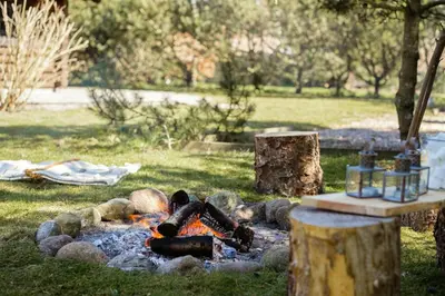 a fire pit in the grass with logs and a bench at Authentic Log House Amid Evergreens In Vendsyssel in Fjerritslev