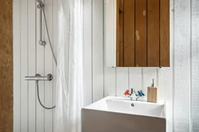 a white bathroom with a sink and a shower at Authentic Friis & Moltke House In Lundo's Nature in Højslev