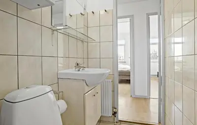a bathroom with a toilet and a sink and a mirror at 2 Bedroom Nice Home In Roslev in Roslev