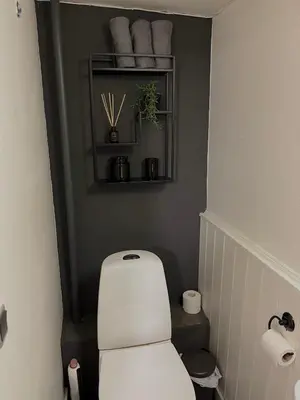 a bathroom with a toilet and a shelf with towels at Gæstehuset Husly in Haderup