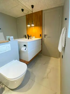a bathroom with a white toilet and a sink at Panoramic Views Of Venø Bay At Handbjerg Marina