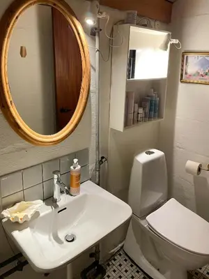 a bathroom with a sink and a toilet and a mirror at Cosy Holiday Home 260 Metres From Tranum Beach in Brovst