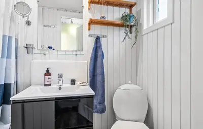 a bathroom with a white toilet and a sink at Gorgeous Home In Vestervig With Sauna in Vestervig