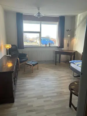 a living room with a bed and a couch and a table at Hostel Mors in Erslev