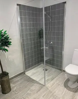 a bathroom with a shower and a toilet at Blokhus Beach House in Blokhus
