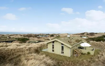 a house with a grass roof in the dunes at Cozy Home In Saltum With House Sea View in Saltum